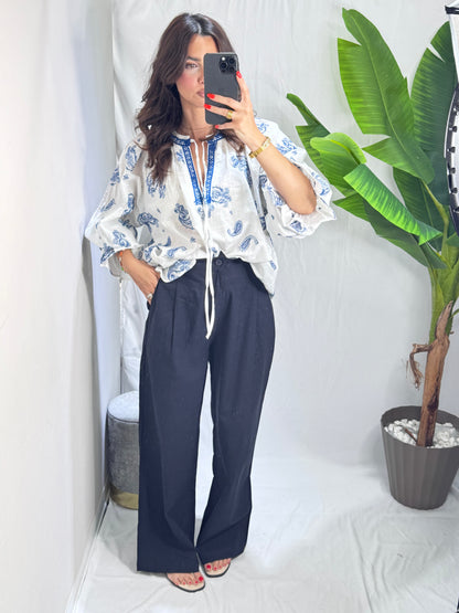 Pantaloni in lino blu navi
