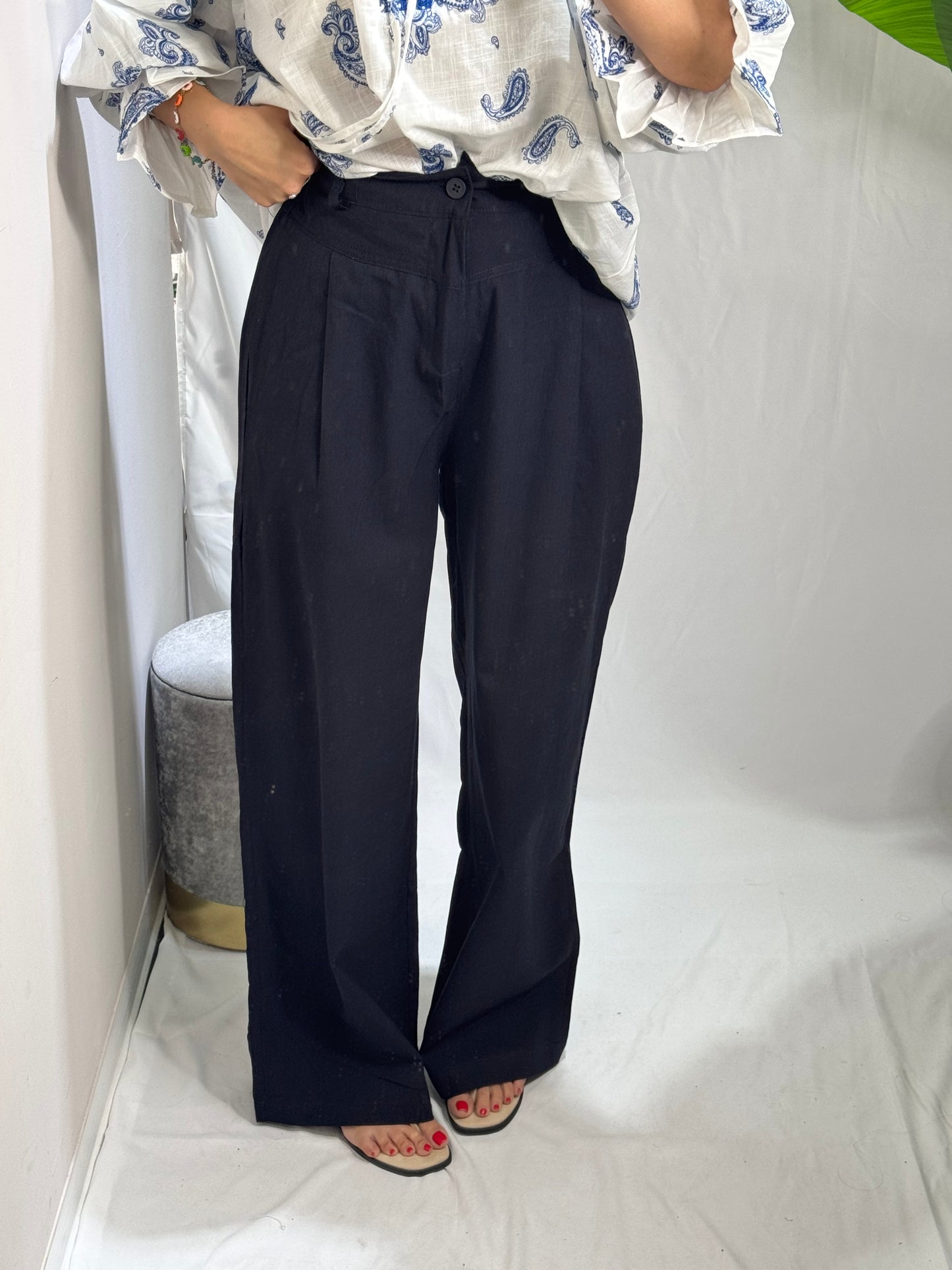 Pantaloni in lino blu navi